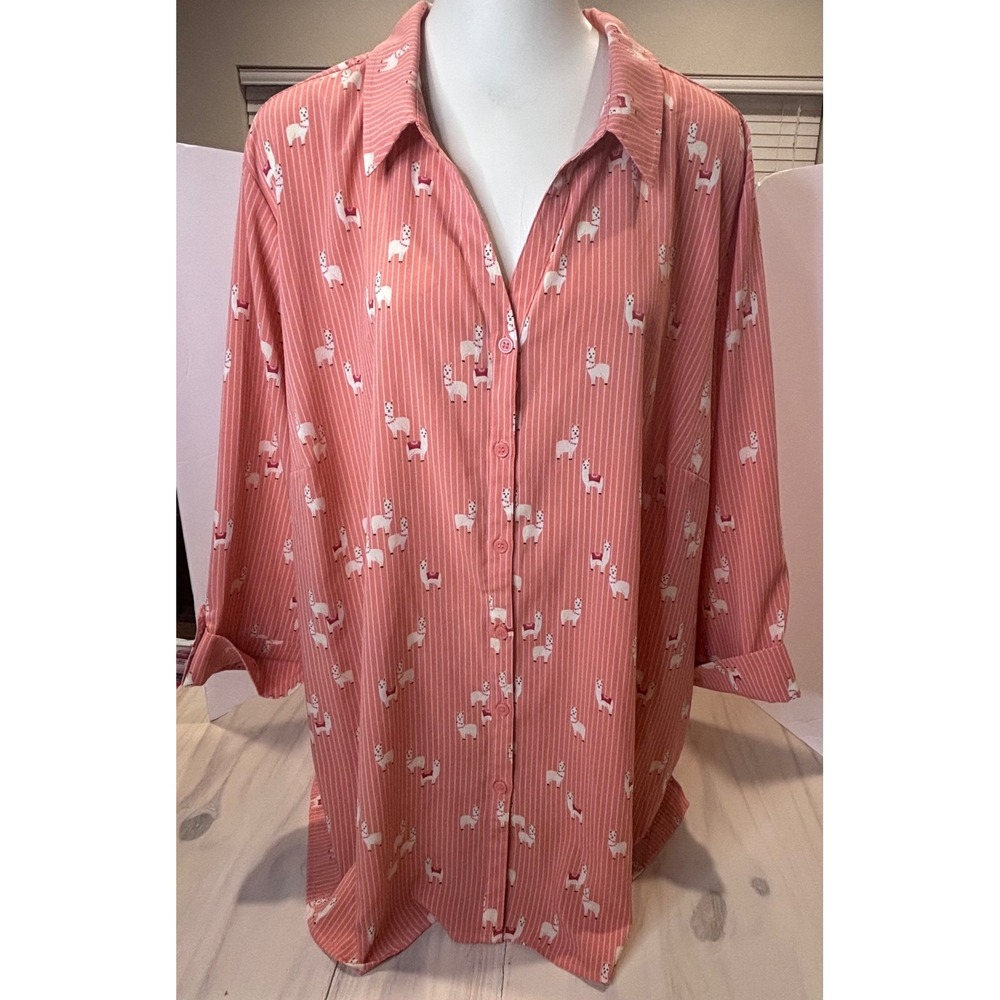 Catherines Plus Size 3X 26/28W Llama Stripe Button Front Shirt Coral Pink EUC